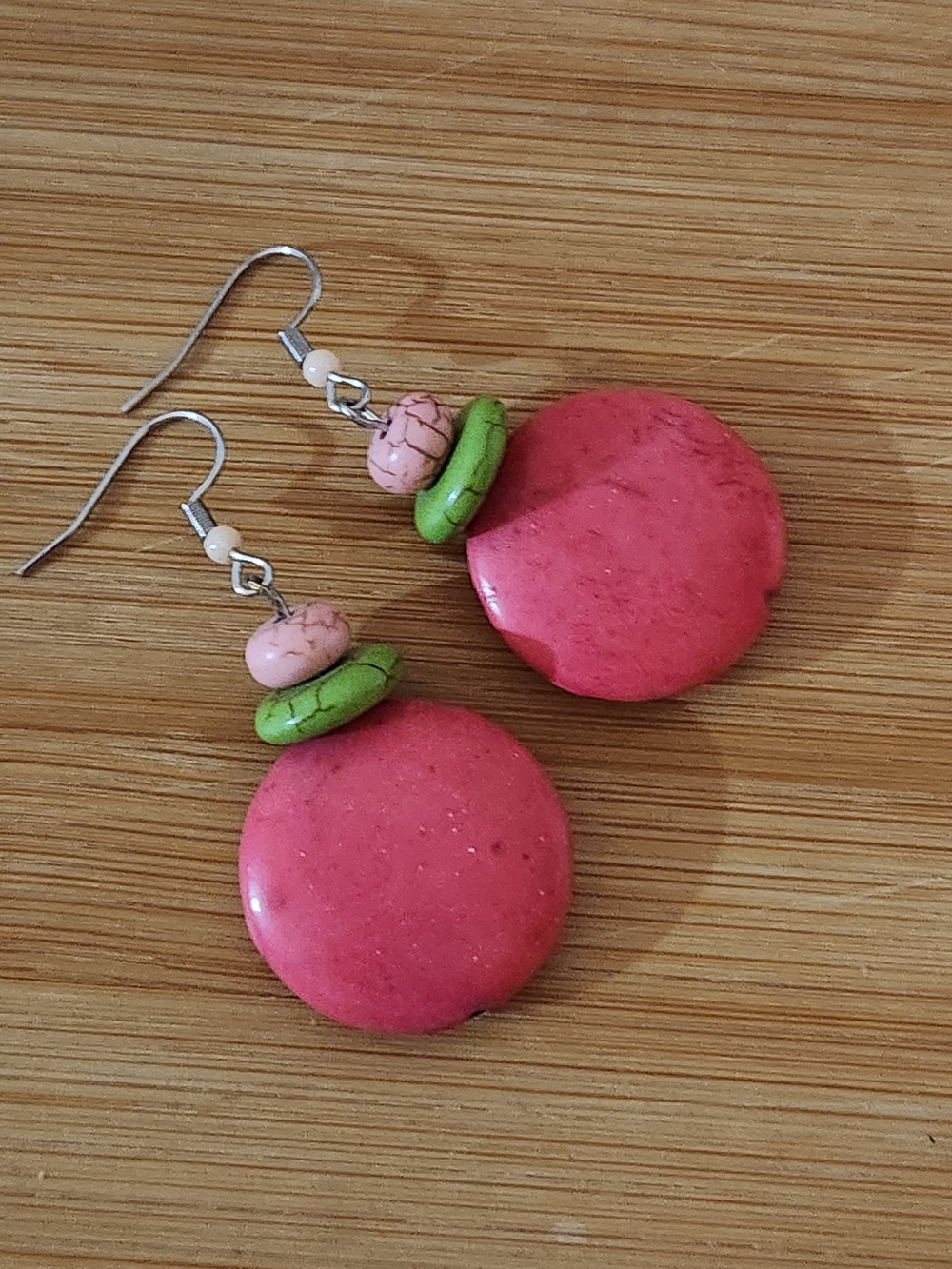 Hand Crafted Pink and Green Round Drop Earrings